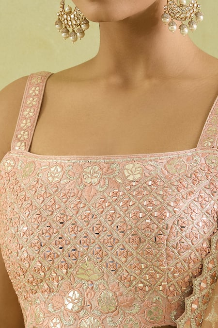 Buy SUHINO Peach Silk, Organza Mirrors, Embroidery Square Neck Resham And Lehenga Set Online at Aza Fashions Buy_SUHINO_Peach Silk, Organza Mirrors, Embroidery Square Neck Resham And Lehenga Set_Online_at_Aza_Fashions