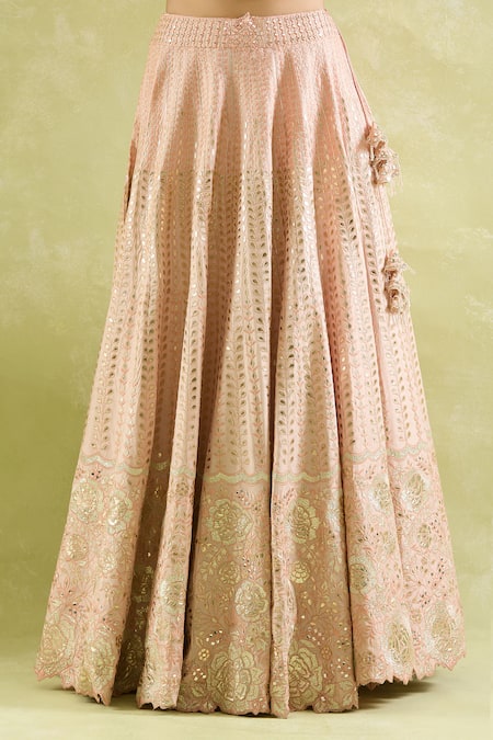 Shop SUHINO Peach Silk, Organza Mirrors, Embroidery Square Neck Resham And Lehenga Set Online at Aza Fashions Shop_SUHINO_Peach Silk, Organza Mirrors, Embroidery Square Neck Resham And Lehenga Set_Online_at_Aza_Fashions