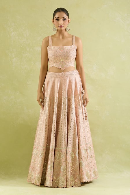 SUHINO Peach Silk, Organza Mirrors, Embroidery Square Neck Resham And Lehenga Set at Aza Fashions SUHINO_Peach Silk, Organza Mirrors, Embroidery Square Neck Resham And Lehenga Set_at_Aza_Fashions