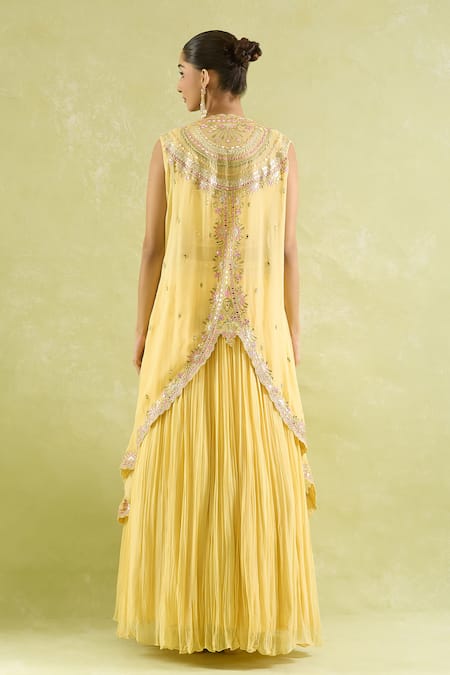 Shop_SUHINO_Yellow Georgette Embroidery, Mirrors Square Neck Resham And Cape Lehenga Set_at_Aza_Fashions