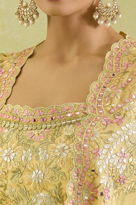 SUHINO_Yellow Georgette Embroidery, Mirrors Square Neck Resham And Cape Lehenga Set_Online_at_Aza_Fashions