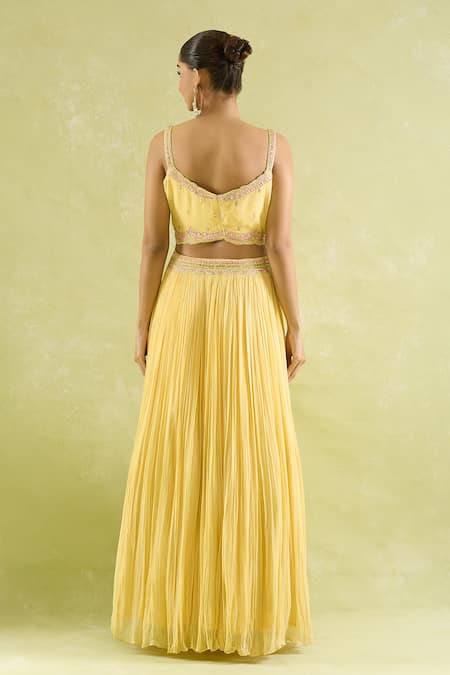 Buy_SUHINO_Yellow Georgette Embroidery, Mirrors Square Neck Resham And Cape Lehenga Set_Online_at_Aza_Fashions