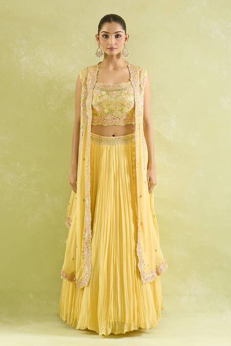 Shop_SUHINO_Yellow Georgette Embroidery, Mirrors Square Neck Resham And Cape Lehenga Set_Online_at_Aza_Fashions
