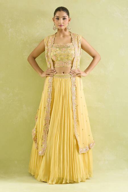 SUHINO_Yellow Georgette Embroidery, Mirrors Square Neck Resham And Cape Lehenga Set_at_Aza_Fashions