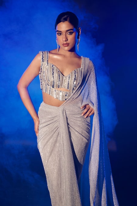 Buy_Vesture_Silver Lycra Sequins, Stones, Crystals Sweetheart Neck Pre-draped Saree Set _Online_at_Aza_Fashions