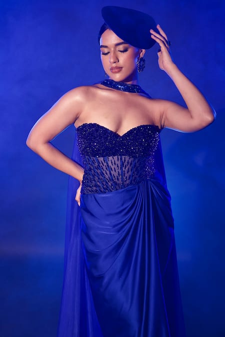 Vesture Blue Silk, Satin Crystals Sweetheart Neck Embroidered Gown And Dupatta Set Online at Aza Fashions Vesture_Blue Silk, Satin Crystals Sweetheart Neck Embroidered Gown And Dupatta Set _Online_at_Aza_Fashions