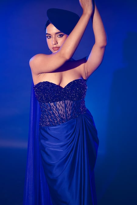 Buy Vesture Blue Silk, Satin Crystals Sweetheart Neck Embroidered Gown And Dupatta Set Online at Aza Fashions Buy_Vesture_Blue Silk, Satin Crystals Sweetheart Neck Embroidered Gown And Dupatta Set _Online_at_Aza_Fashions