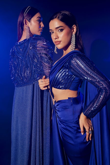 Buy Vesture Blue Silk, Cotton Sequins Sweetheart Electric Embroidered Pre-draped Saree Online at Aza Fashions Buy_Vesture_Blue Silk, Cotton Sequins Sweetheart Electric Embroidered Pre-draped Saree _Online_at_Aza_Fashions
