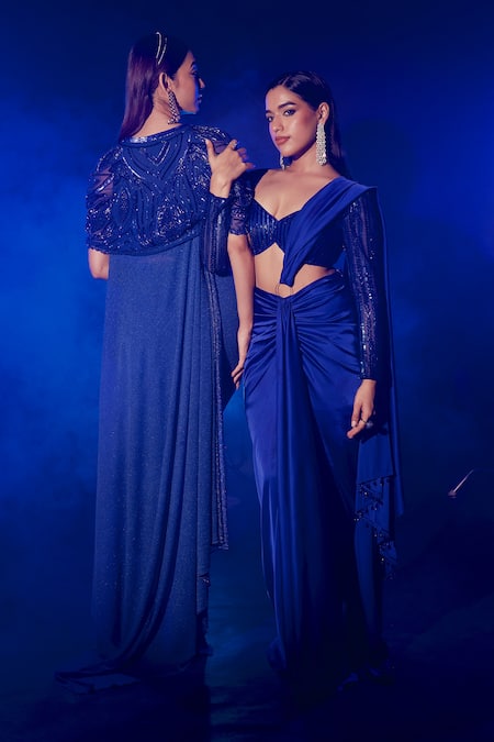Shop Vesture Blue Silk, Cotton Sequins Sweetheart Electric Embroidered Pre-draped Saree Online at Aza Fashions Shop_Vesture_Blue Silk, Cotton Sequins Sweetheart Electric Embroidered Pre-draped Saree _Online_at_Aza_Fashions
