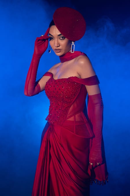 Shop_Vesture_Red Silk, Cotton Crystals, Cut Work Embroidered Corset And Pre-draped Saree _Online_at_Aza_Fashions