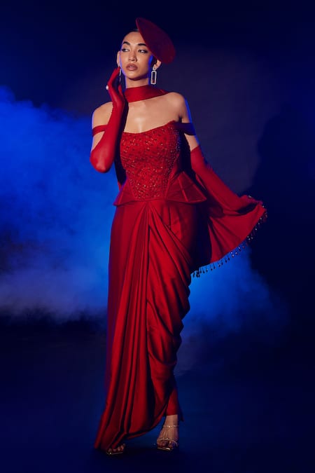 Buy_Vesture_Red Silk, Cotton Crystals, Cut Work Embroidered Corset And Pre-draped Saree 