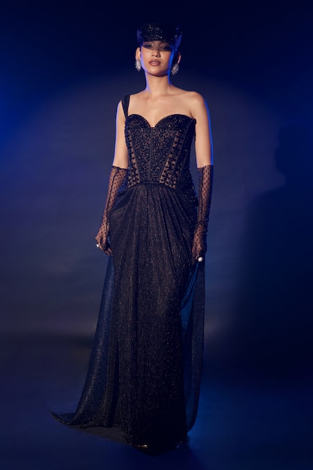 Vesture_Black Lycra Crystals, Cut Work Sweetheart Embroidered Corset And Pre-draped Saree _Online_at_Aza_Fashions