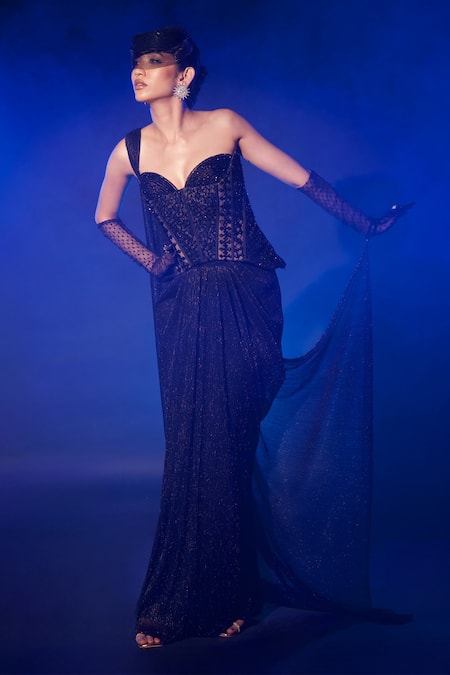 Vesture_Black Lycra Crystals, Cut Work Sweetheart Embroidered Corset And Pre-draped Saree _at_Aza_Fashions