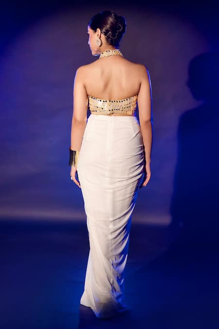 Shop_Vesture_Gold Lycra Sequins Halter Neck Embroidered Draped Skirt Set _at_Aza_Fashions