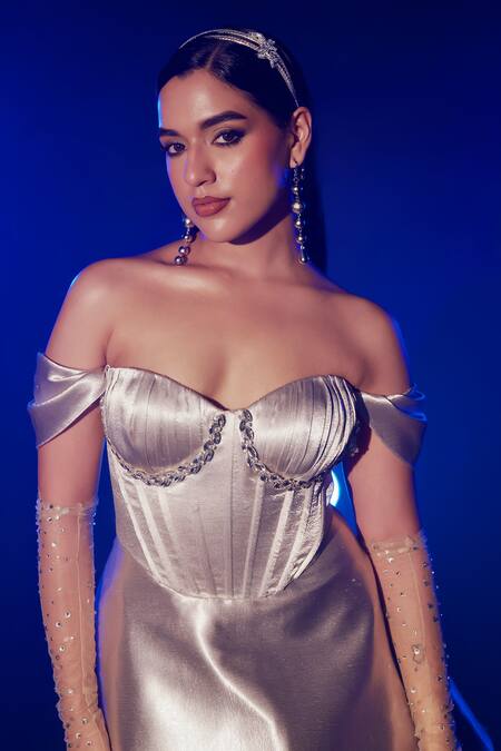 Vesture_Silver Silk Sweetheart Neck Swarovski Embroidered Corset Dress _Online_at_Aza_Fashions