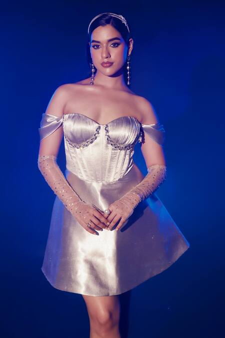 Buy_Vesture_Silver Silk Sweetheart Neck Swarovski Embroidered Corset Dress _Online_at_Aza_Fashions