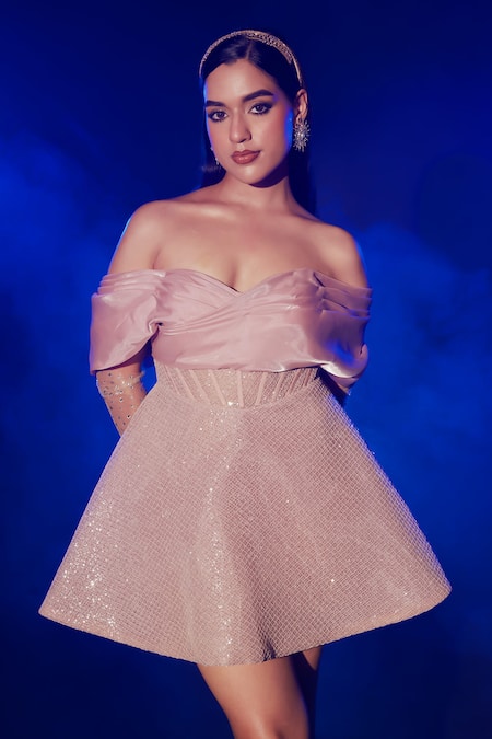 Vesture_Rose Gold Organza, Linen Sequins Sweetheart Neck Embroidered Corset Dress _Online_at_Aza_Fashions