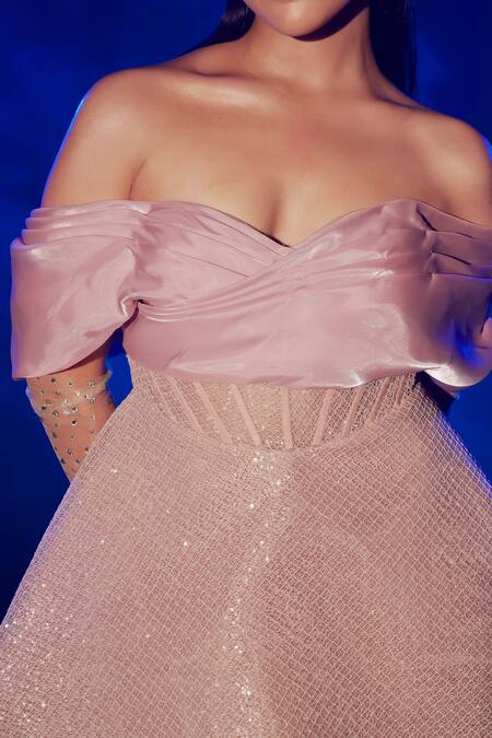 Buy_Vesture_Rose Gold Organza, Linen Sequins Sweetheart Neck Embroidered Corset Dress _Online_at_Aza_Fashions