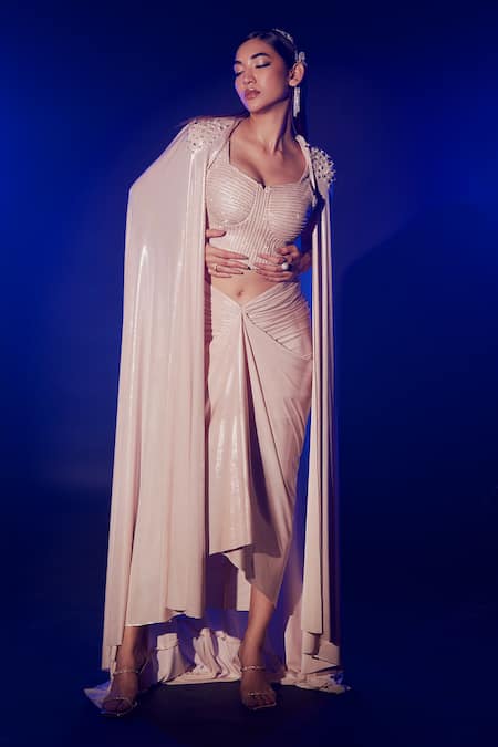 Vesture Rose Gold Lycra Smocking, Stones Swarovski Crystal Embroidered Cape Set Online at Aza Fashions Vesture_Rose Gold Lycra Smocking, Stones Swarovski Crystal Embroidered Cape Set _Online_at_Aza_Fashions