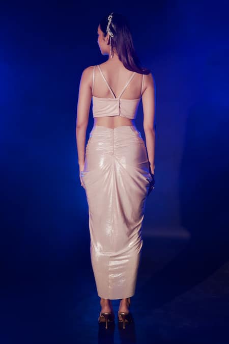 Vesture Rose Gold Lycra Smocking, Stones Swarovski Crystal Embroidered Cape Set at Aza Fashions Vesture_Rose Gold Lycra Smocking, Stones Swarovski Crystal Embroidered Cape Set _at_Aza_Fashions