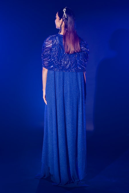 Shop Vesture Blue Lycra, Chiffon Sequins, Cut Work Asymmetric Cape And Draped Skirt Set at Aza Fashions Shop_Vesture_Blue Lycra, Chiffon Sequins, Cut Work Asymmetric Cape And Draped Skirt Set _at_Aza_Fashions