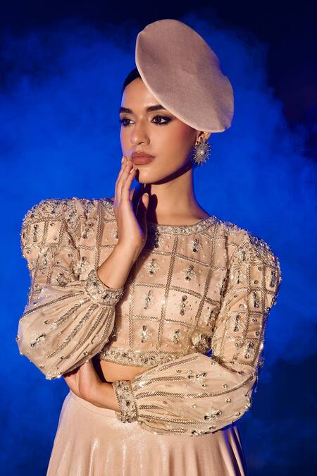 Vesture_Rose Gold Lycra, Silk Sequins, Cut Work, Embroidered Blouse And Lehenga Set _Online_at_Aza_Fashions