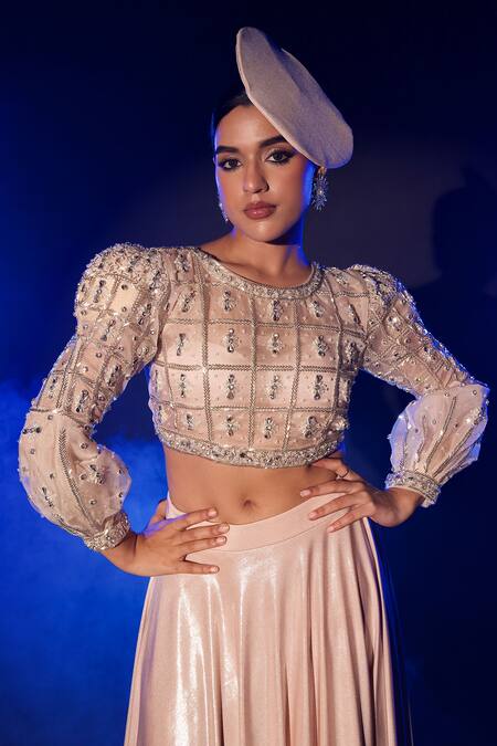 Buy_Vesture_Rose Gold Lycra, Silk Sequins, Cut Work, Embroidered Blouse And Lehenga Set 