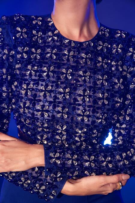 Vesture_Blue Linen, Silk, Crepe Beads, Smocking, Embroidery Blouse And Fishcut Lehenga Set _at_Aza_Fashions