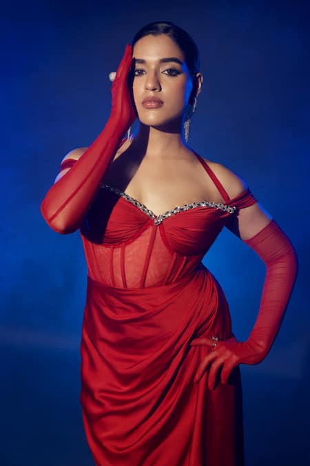 Buy Vesture Red Silk, Cotton Crystals Sweetheart Neck Swarovski Embroidered Gown Online at Aza Fashions Buy_Vesture_Red Silk, Cotton Crystals Sweetheart Neck Swarovski Embroidered Gown _Online_at_Aza_Fashions