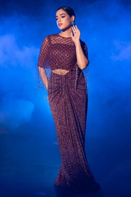 Vesture Maroon Crystal Embroidered Cape & Draped Skirt Set 