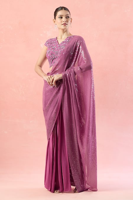 Niamh By Kriti Purple Sequins, Cut Work, Beads V-neck Embellished Pre-draped Saree Set Online at Aza Fashions Niamh By Kriti_Purple Sequins, Cut Work, Beads V-neck Embellished Pre-draped Saree Set _Online_at_Aza_Fashions