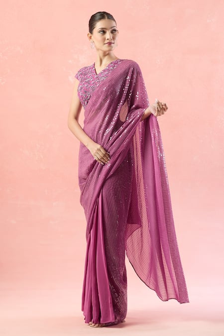 Shop Niamh By Kriti Purple Sequins, Cut Work, Beads V-neck Embellished Pre-draped Saree Set Online at Aza Fashions Shop_Niamh By Kriti_Purple Sequins, Cut Work, Beads V-neck Embellished Pre-draped Saree Set _Online_at_Aza_Fashions