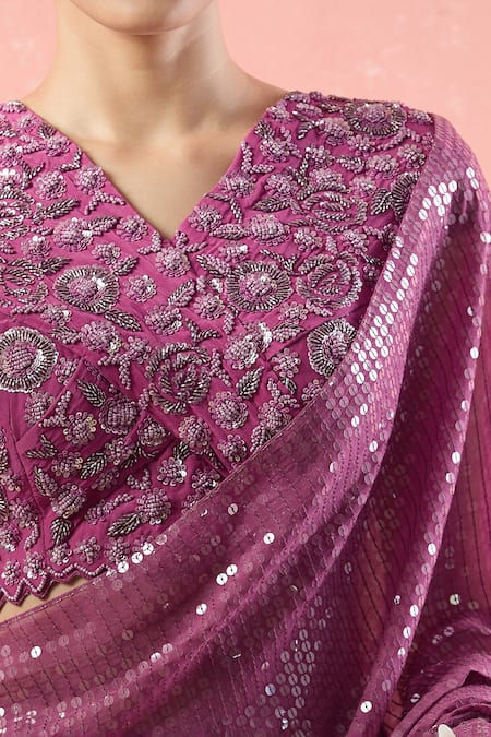 Niamh By Kriti Purple Sequins, Cut Work, Beads V-neck Embellished Pre-draped Saree Set at Aza Fashions Niamh By Kriti_Purple Sequins, Cut Work, Beads V-neck Embellished Pre-draped Saree Set _at_Aza_Fashions