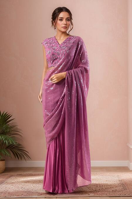 Buy Niamh By Kriti Purple Sequins, Cut Work, Beads V-neck Embellished Pre-draped Saree Set Buy_Niamh By Kriti_Purple Sequins, Cut Work, Beads V-neck Embellished Pre-draped Saree Set