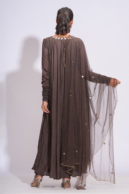 Shop_Shruti S_Brown Cotton, Net Zari, Sequins, Mirrors Embroidered Angrakha Anarkali Set _at_Aza_Fashions