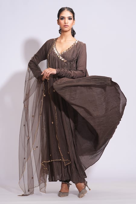 Shruti S_Brown Cotton, Net Zari, Sequins, Mirrors Embroidered Angrakha Anarkali Set _Online_at_Aza_Fashions