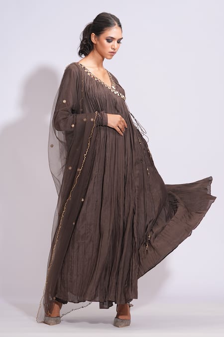 Buy_Shruti S_Brown Cotton, Net Zari, Sequins, Mirrors Embroidered Angrakha Anarkali Set _Online_at_Aza_Fashions