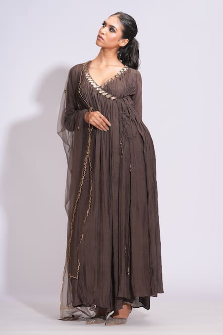Shop_Shruti S_Brown Cotton, Net Zari, Sequins, Mirrors Embroidered Angrakha Anarkali Set _Online_at_Aza_Fashions