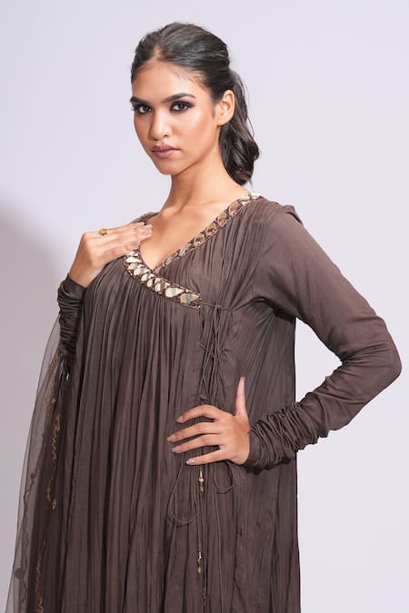 Shruti S_Brown Cotton, Net Zari, Sequins, Mirrors Embroidered Angrakha Anarkali Set _at_Aza_Fashions