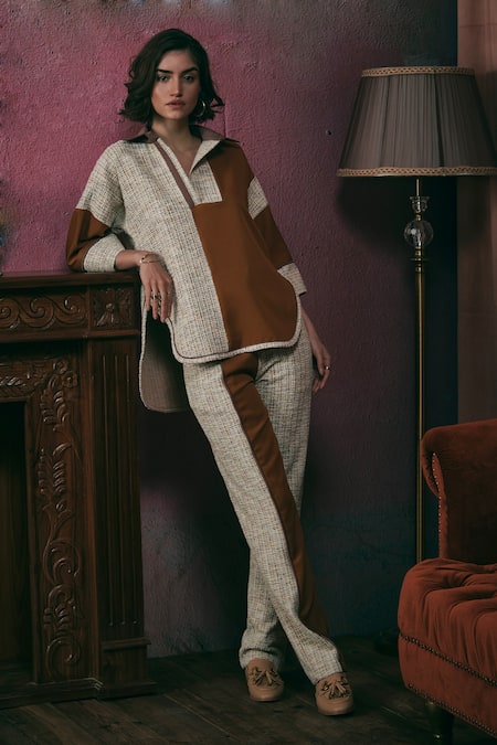 Sunandini Color Block Tweed Top & Trouser Set 