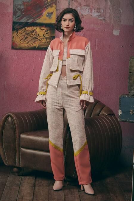 Sunandini Pink Tweed High Neck Pastel Color Block Bomber Jacket at Aza Fashions Sunandini_Pink Tweed High Neck Pastel Color Block Bomber Jacket _at_Aza_Fashions