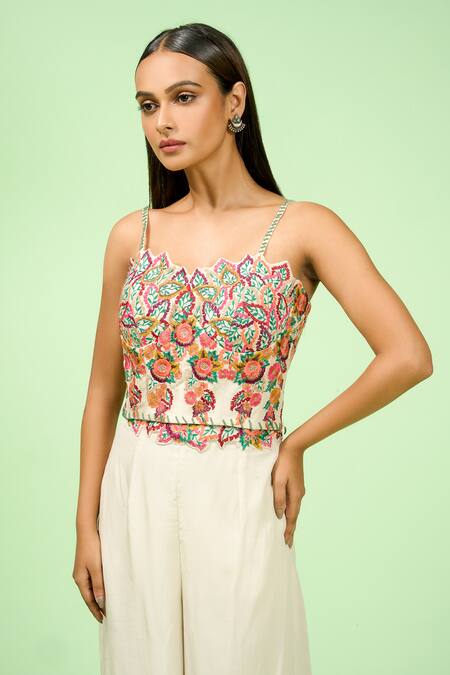 Rishi And Soujit_Ivory Crepe Embroidered Thread Cutwork Floral Applique Corset And Pant Set _Online_at_Aza_Fashions