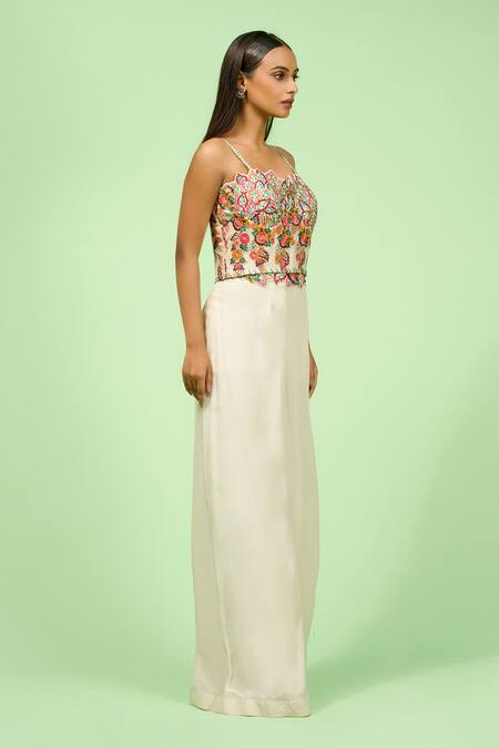 Buy_Rishi And Soujit_Ivory Crepe Embroidered Thread Cutwork Floral Applique Corset And Pant Set _Online_at_Aza_Fashions