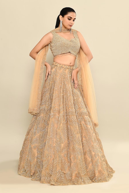Kalighata_Gold Organza Cut Work, Sequins, Tassels Hand Embroidered Lehenga Set _at_Aza_Fashions