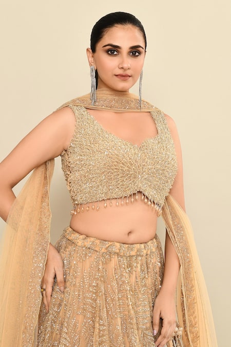 Shop_Kalighata_Gold Organza Cut Work, Sequins, Tassels Hand Embroidered Lehenga Set 
