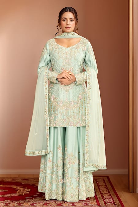 Kalighata Floral Cutdana Embroidered Kurta Sharara Set 