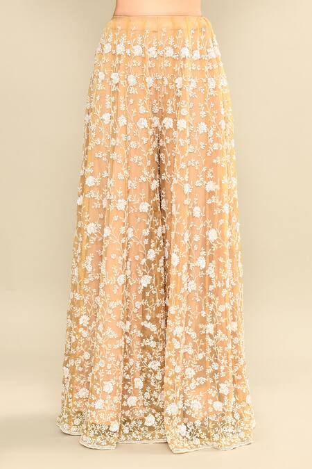 Buy_Kalighata_Gold Organza Sequins, Cut Work, Embroidery Scoop Neck Floral Hand Peplum Set 