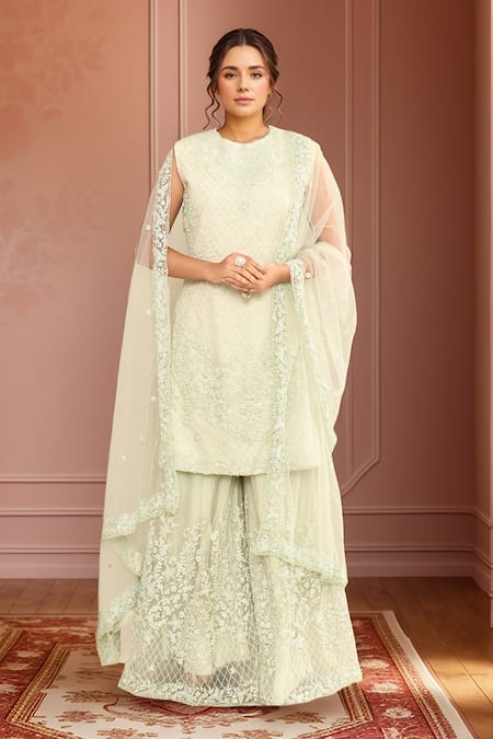 Kalighata Aqua Floral Embroidered Kurta Sharara Set 