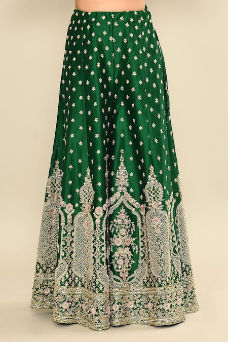 Kalighata_Green Chanderi Sequins, Cut Work Round Neck Floral Embroidered Kurta Sharara Set _Online_at_Aza_Fashions