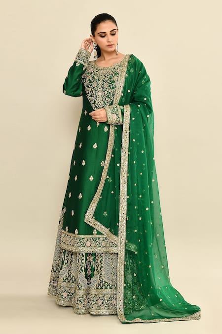 Buy_Kalighata_Green Chanderi Sequins, Cut Work Round Neck Floral Embroidered Kurta Sharara Set _Online_at_Aza_Fashions